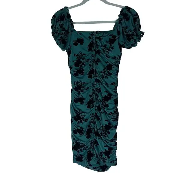 Dear Moon Green Burnout Velvet Floral Ruched Midi Dress Puff Sleeve Goth Holiday - Picture 2 of 7